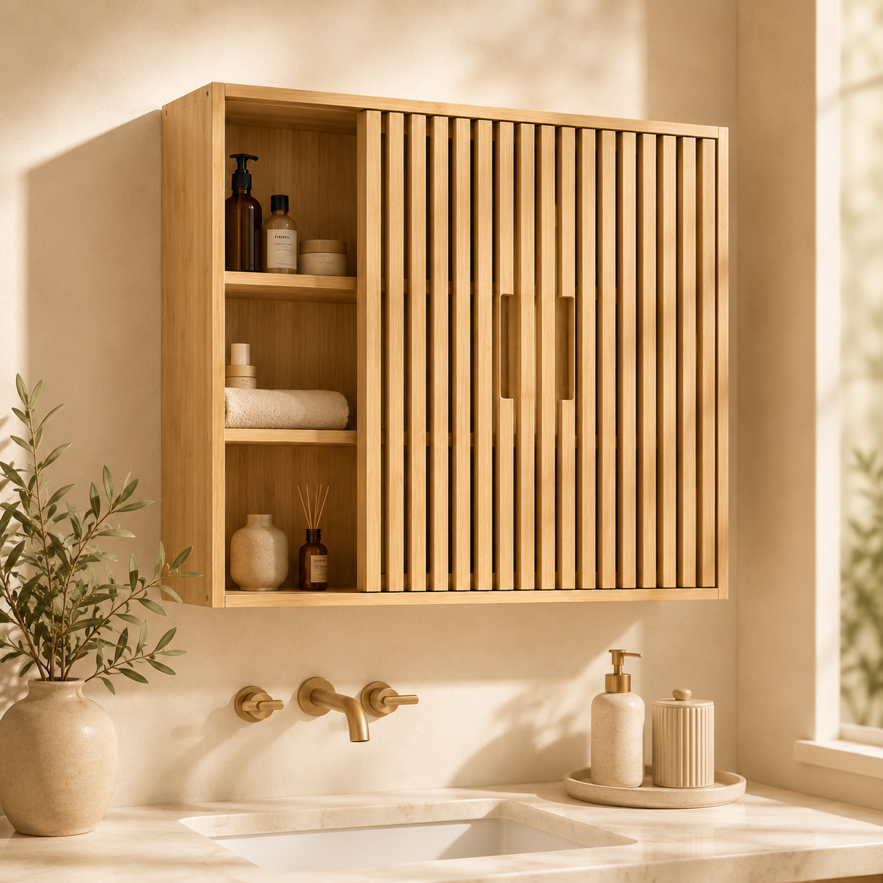 Shazory Natural Slatted Wall Storage Cabinet, available at getshazory.com
