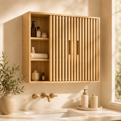 Shazory Natural Slatted Wall Storage Cabinet, available at getshazory.com