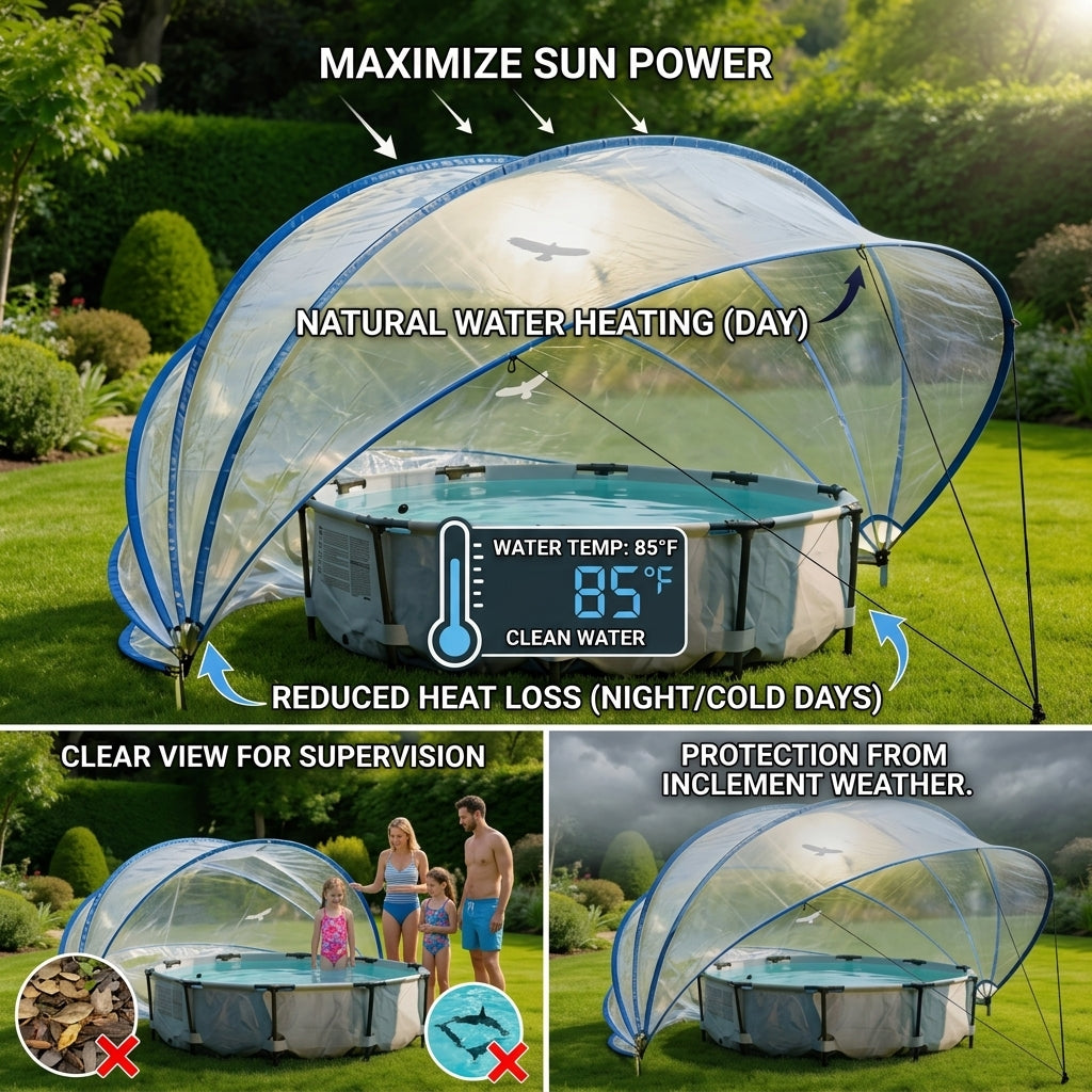 Shazory retractable pool cover dome installed over pool