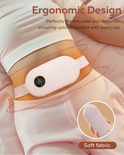 Woman demonstrating how the pink wearable heating pad can be worn discreetly and invisibly under all kinds of clothing, available at getshazory.com