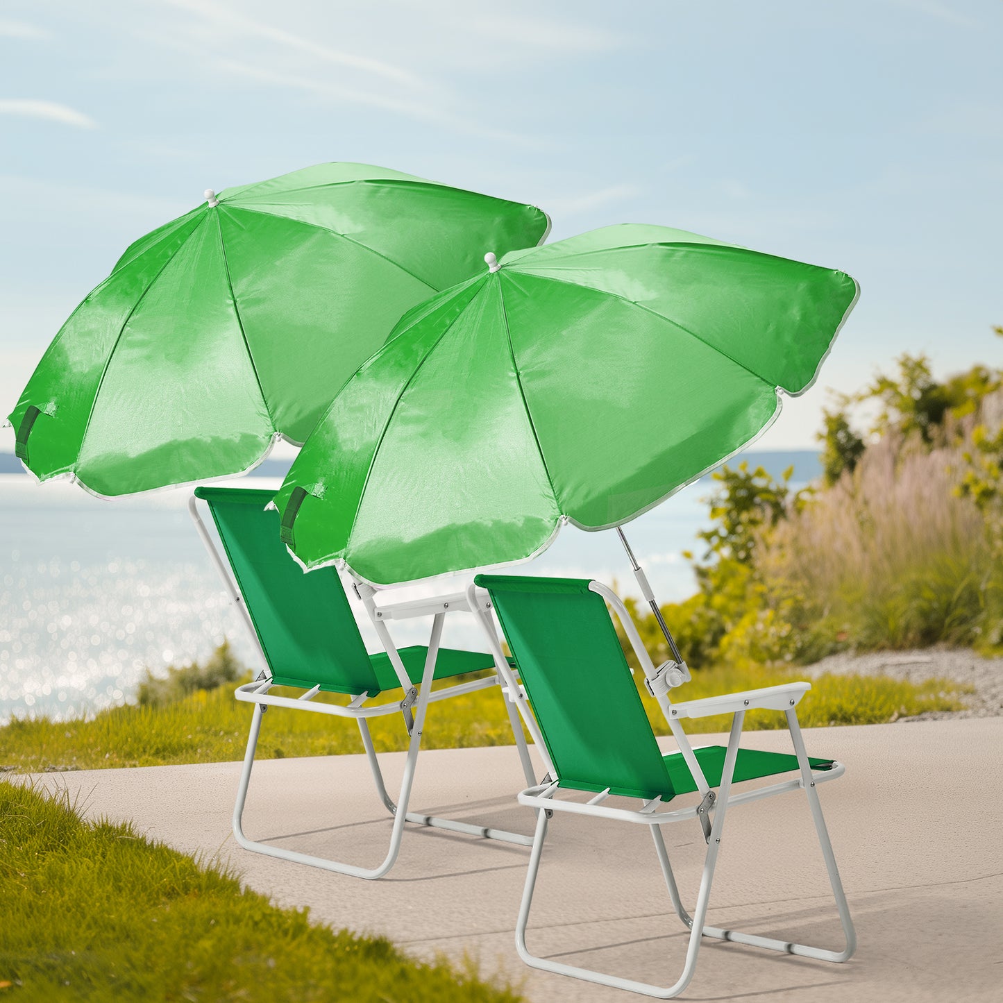 Four-panel image highlighting the premium features of the green portable beach chair, including a built-in cup holder, armrest cooler pouch, umbrella clamp, and convenient carrying bag, available at getshazory.com