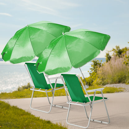 Four-panel image highlighting the premium features of the green portable beach chair, including a built-in cup holder, armrest cooler pouch, umbrella clamp, and convenient carrying bag, available at getshazory.com