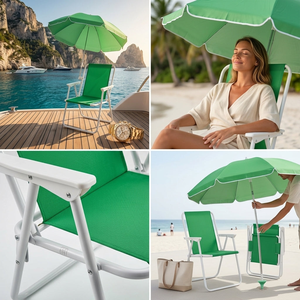 Detailed view of the green folding beach chair highlighting the adjustable umbrella, built-in cup holder, and side storage pocket, available at getshazory.com