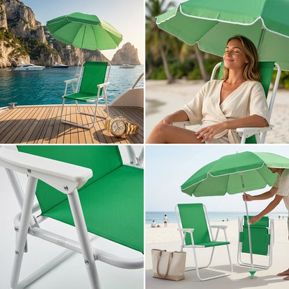 Detailed view of the green folding beach chair highlighting the adjustable umbrella, built-in cup holder, and side storage pocket, available at getshazory.com