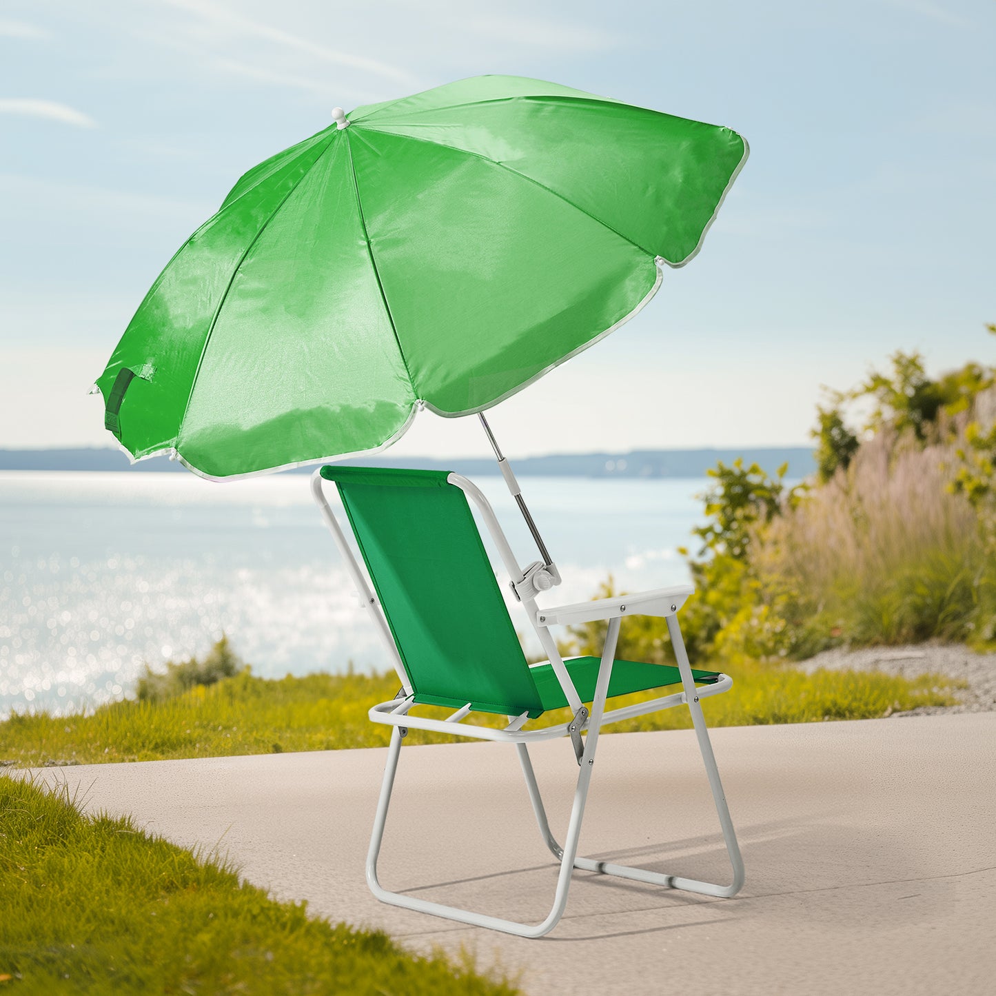 Size dimensions and compact carrying bag for the green portable folding beach chair with detachable umbrella, available at getshazory.com