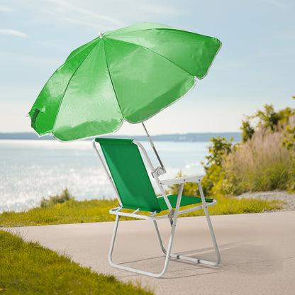 Size dimensions and compact carrying bag for the green portable folding beach chair with detachable umbrella, available at getshazory.com