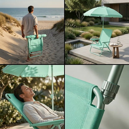 Close-up view of the adjustable umbrella clamp and sturdy frame assembly on the green portable folding beach chair, available at getshazory.com