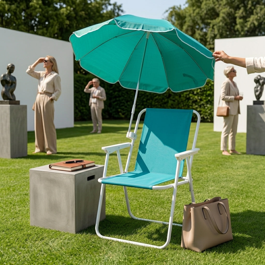 Front view of the green portable folding beach chair with a heavy-duty steel frame and detachable umbrella for outdoor relaxation, available at getshazory.com