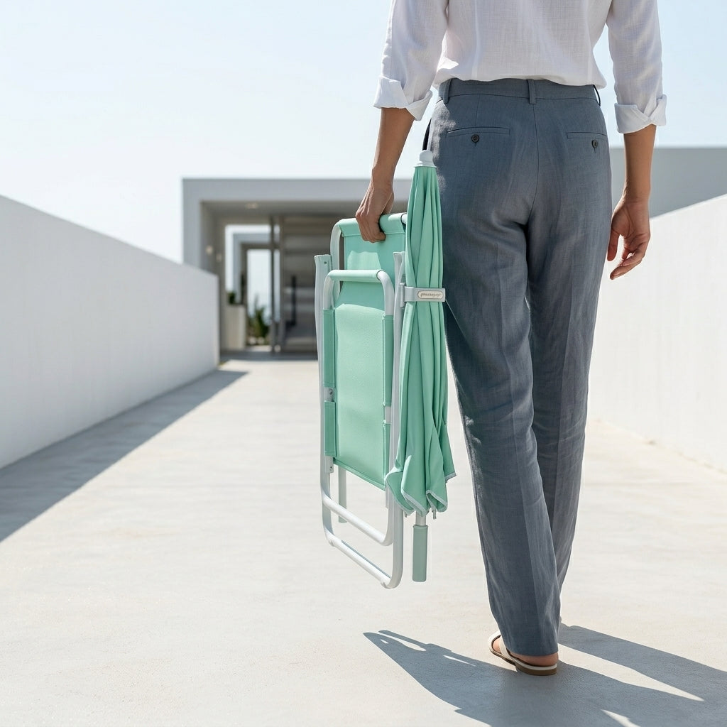 The green portable folding beach chair with a matching carrying case for easy transportation to the beach or campsite, available at getshazory.com