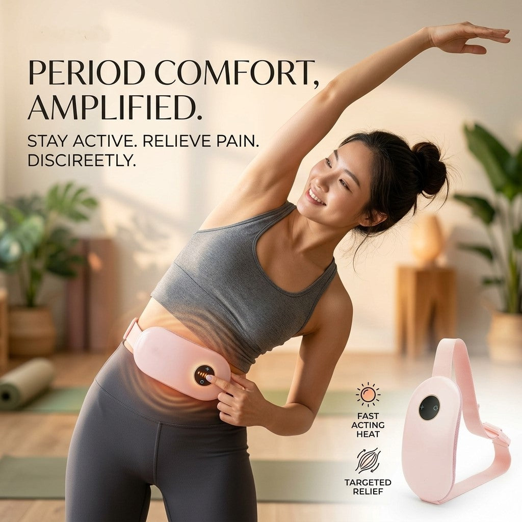 Pink wearable heating pad showcasing its compact, lightweight, and ultra-thin dimensions for discreet wear, available at getshazory.com