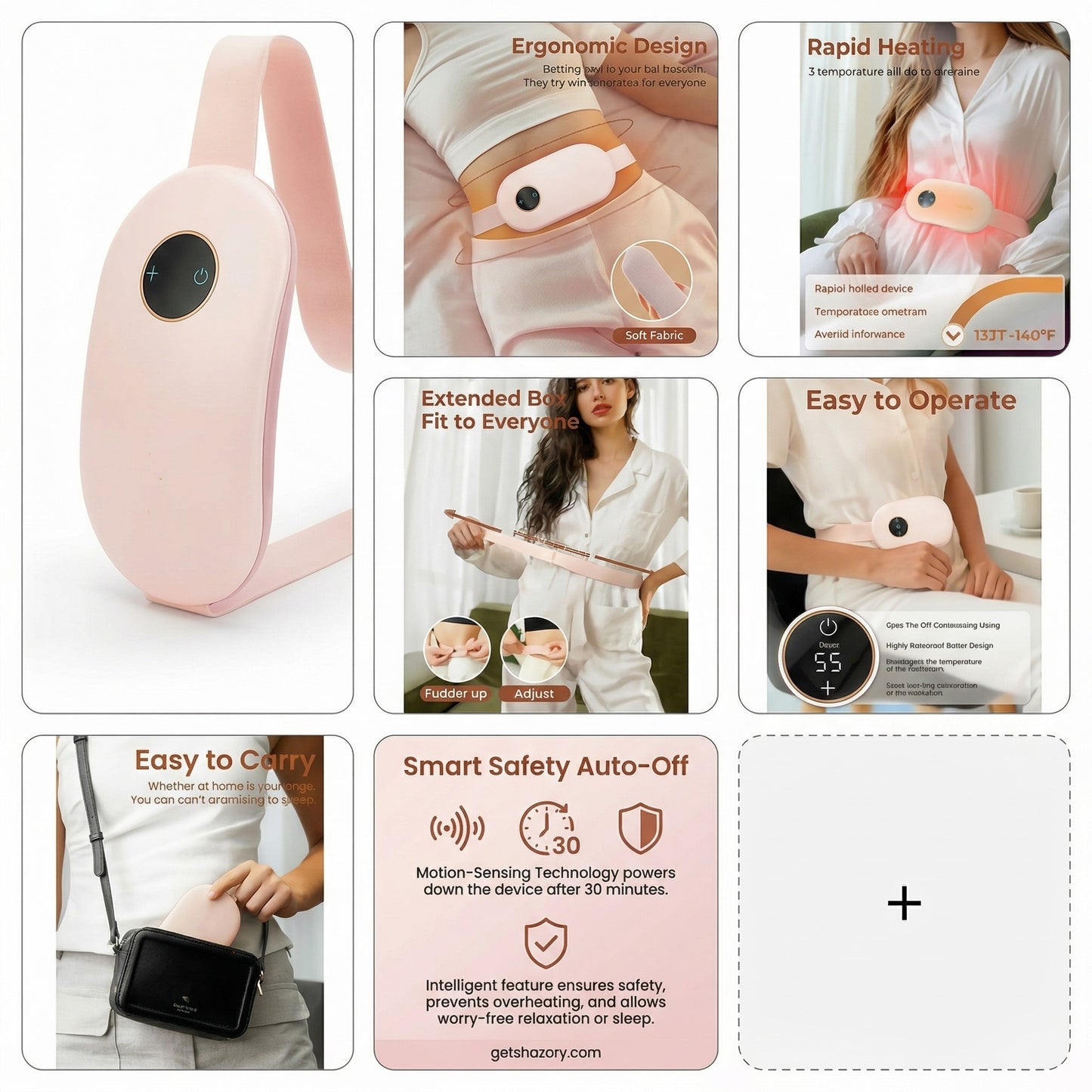 Pink wearable heating pad featuring a built-in intelligent heating system that provides fast 3-second heat to quickly warm your body, available at getshazory.com