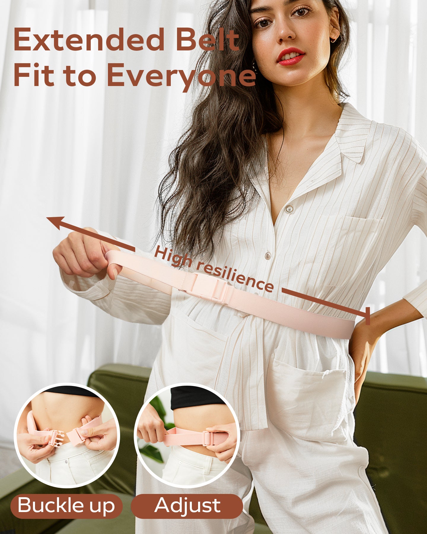 Illustration showing the versatile pink wearable heating pad being used as both a waist warmer for lower back relief and a uterus warmer for stomach cramps, available at getshazory.com