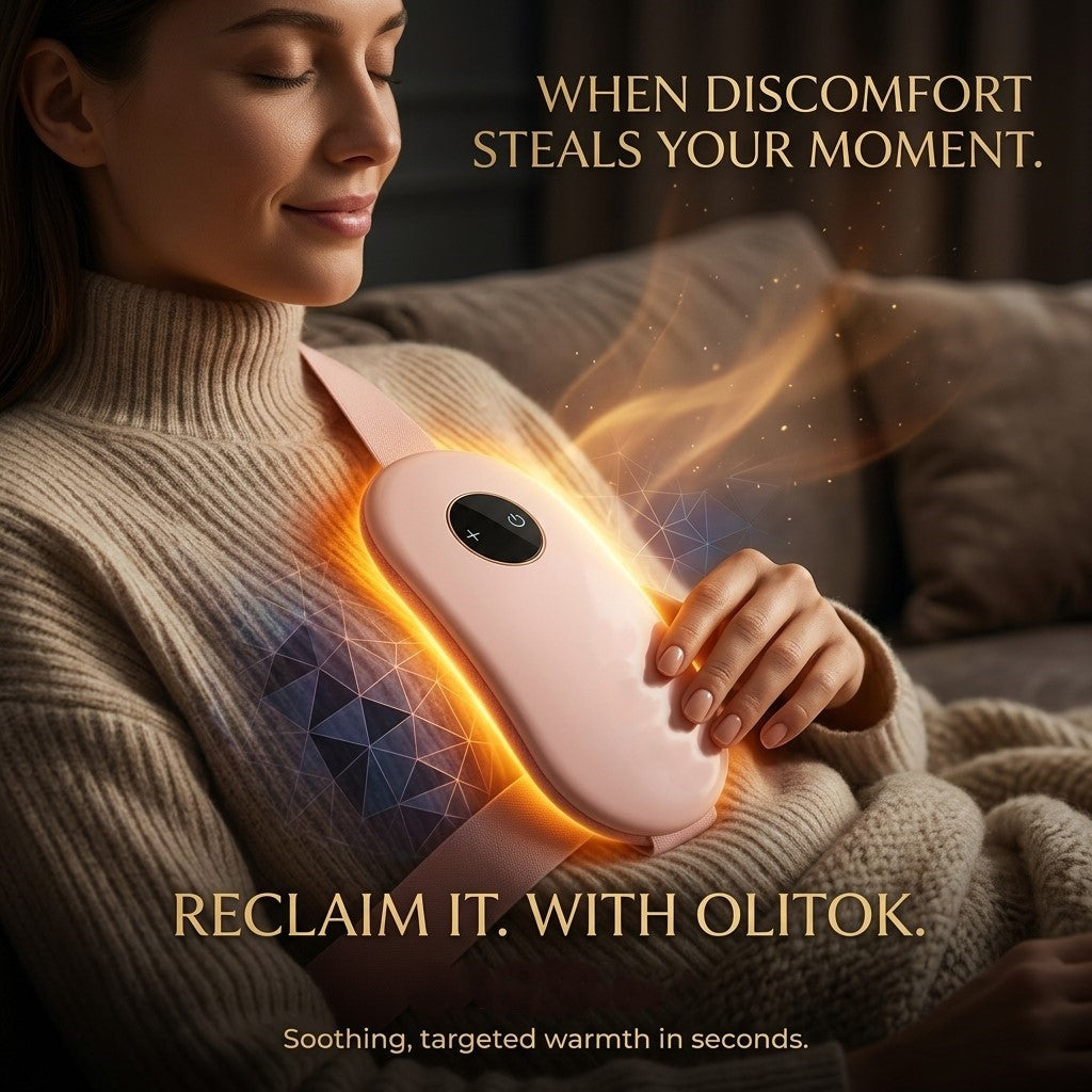 Diagram highlighting the multi-purpose use of the pink wearable heating pad for the neck, stomach, and waist, available at getshazory.com