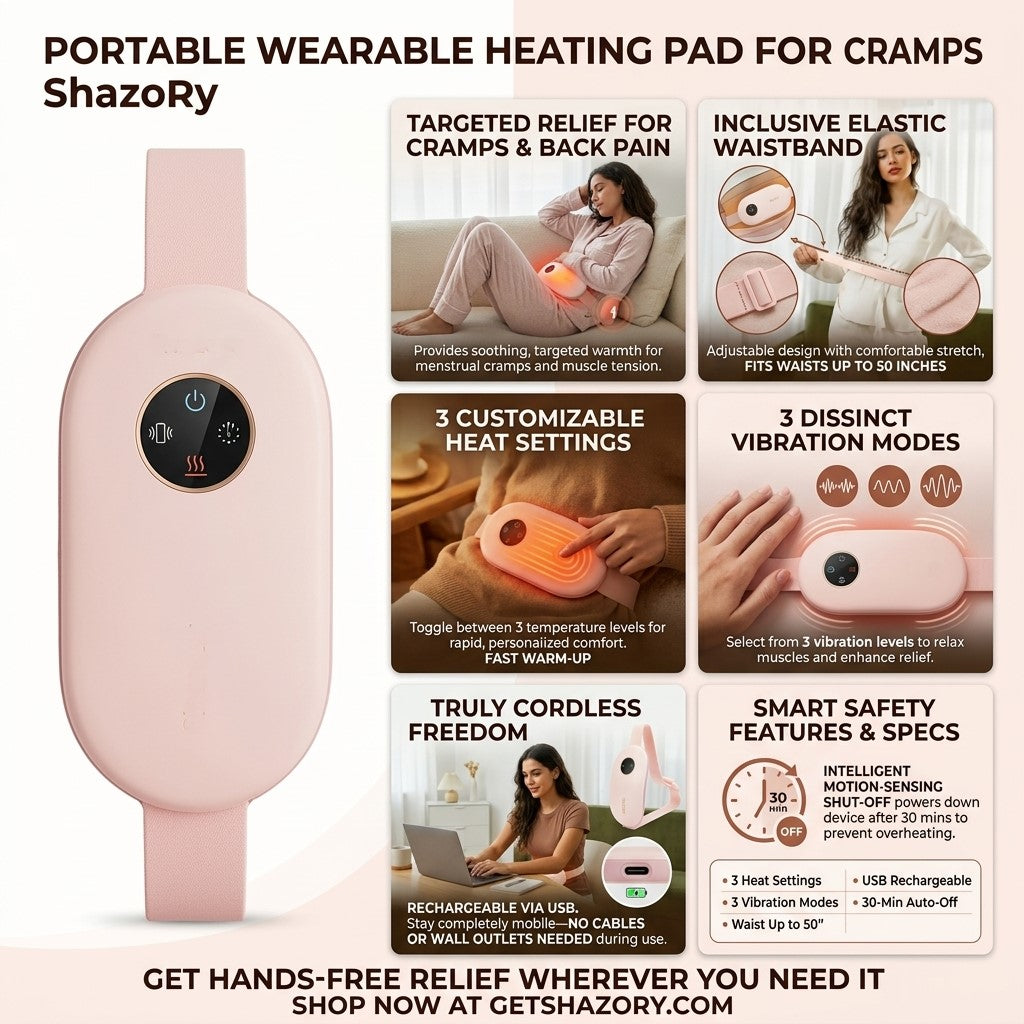 Woman resting peacefully while using the pink cordless heating pad for fast period cramp relief, available at getshazory.com