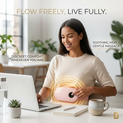 Woman comfortably relaxing on a sofa while wearing the pink cordless heating pad for period cramp relief, available at getshazory.com