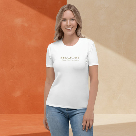 Woman wearing a white t-shirt with 'SHAZORY' branding on a white background