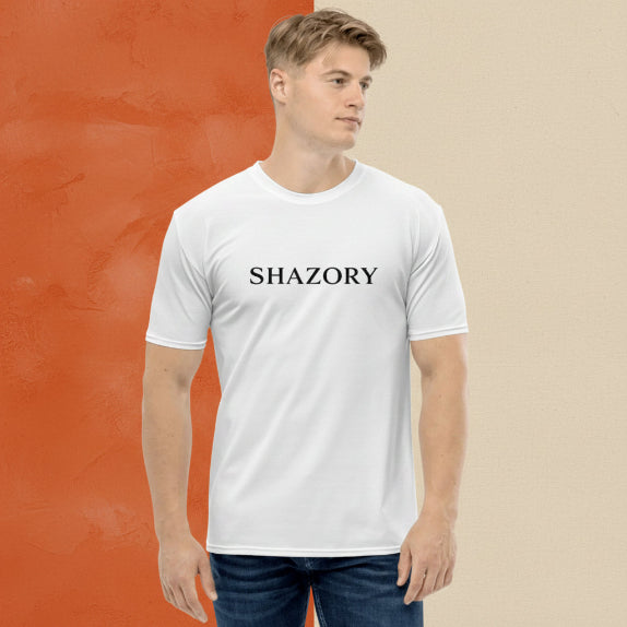 Close-up detail of custom photo print on all-over print men's shirt — t-shirt surface texture