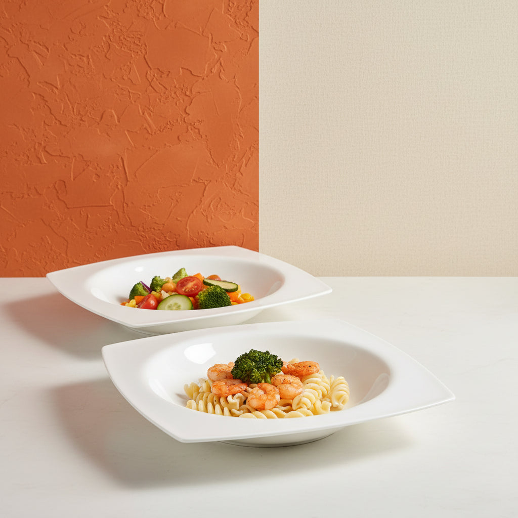 Shop a set of 6 square white ceramic plates with raised edges, stackable design, and clean everyday dining versatility. Free shipping.