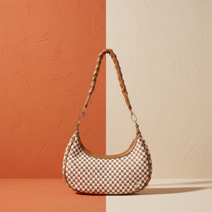 Shazory Checkered handbag with braided handle on a white background