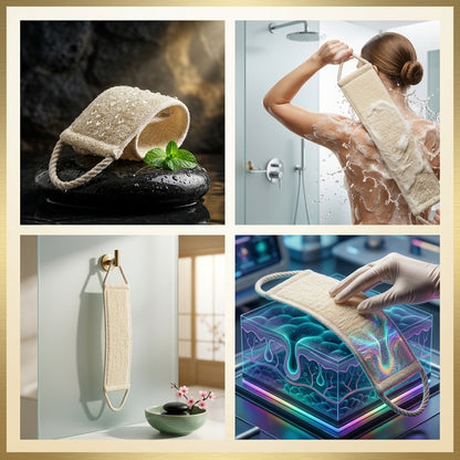 Shazory bamboo back scrubber styled bathroom flat lay