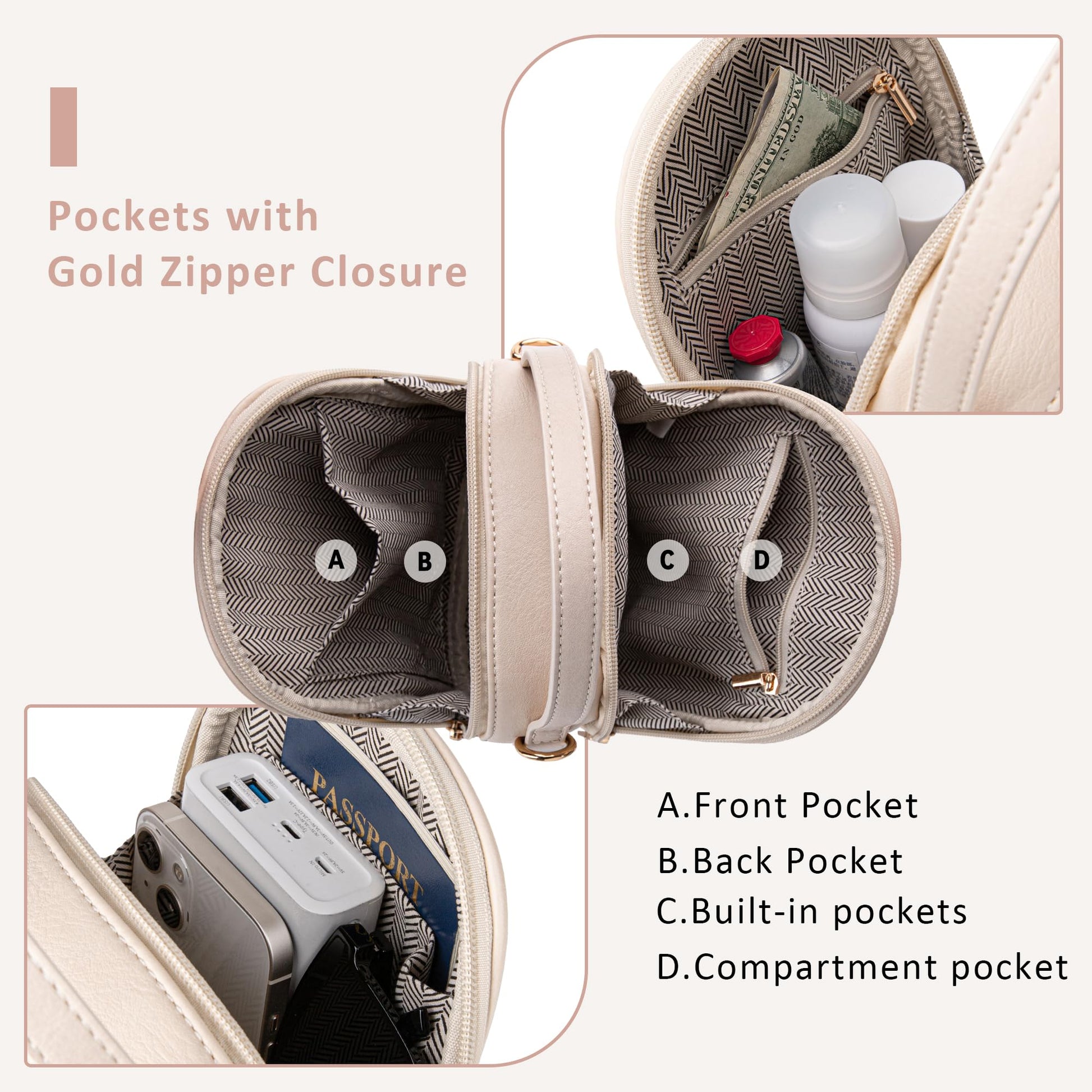 Shazory triple-zip crossbody bag interior compartments