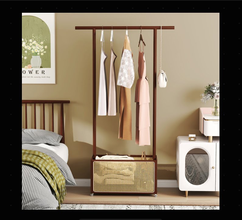 Shazory bamboo clothing rack styled in bedroom setting