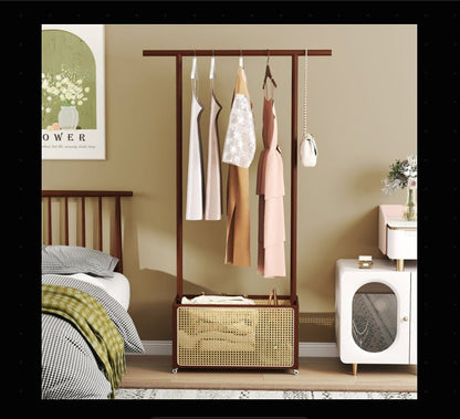 Shazory bamboo clothing rack styled in bedroom setting