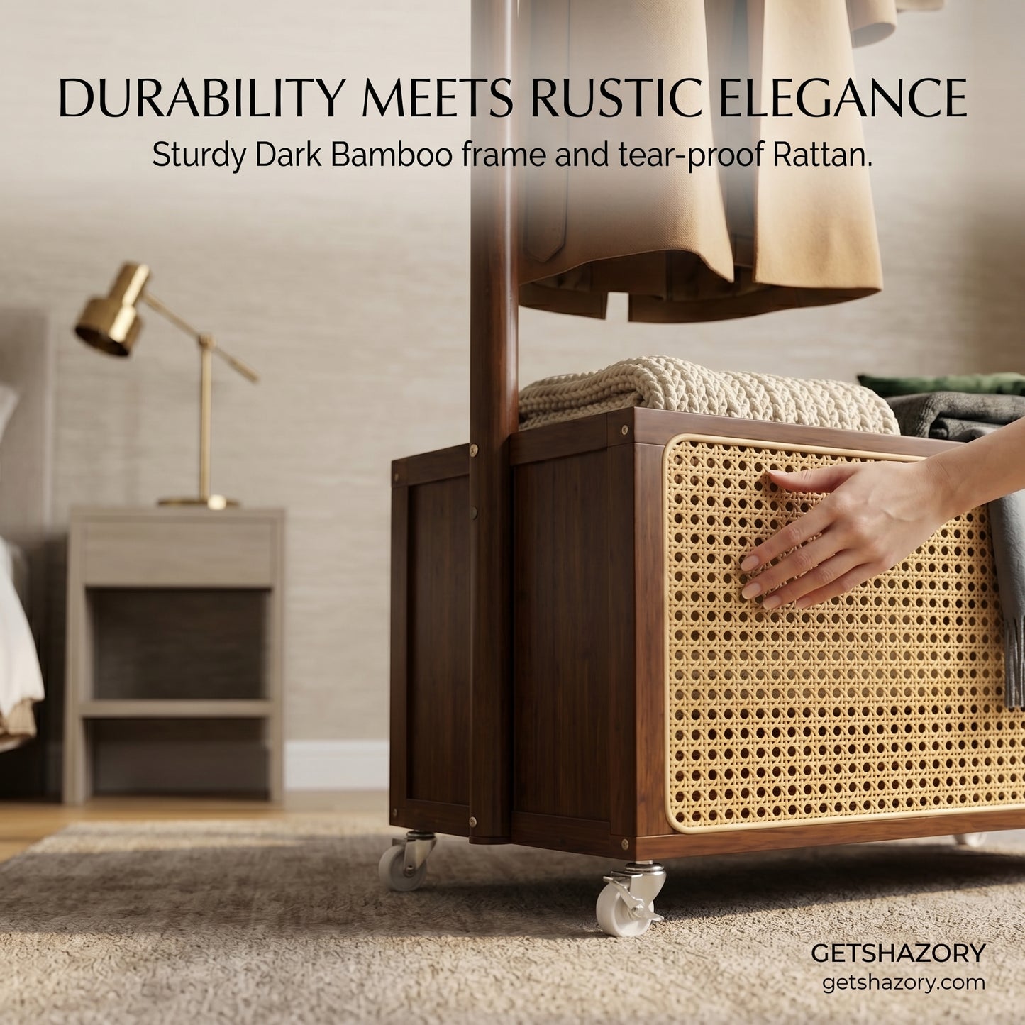 Shazory bamboo clothing rack with hung garments