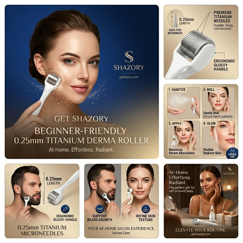A comprehensive infographic for the Shazory 0.25mm titanium derma roller, featuring a 4-step usage guide (sanitize, roll, apply, glow), highlighting premium microneedles for skin texture and beard growth support, available at getshazory.com