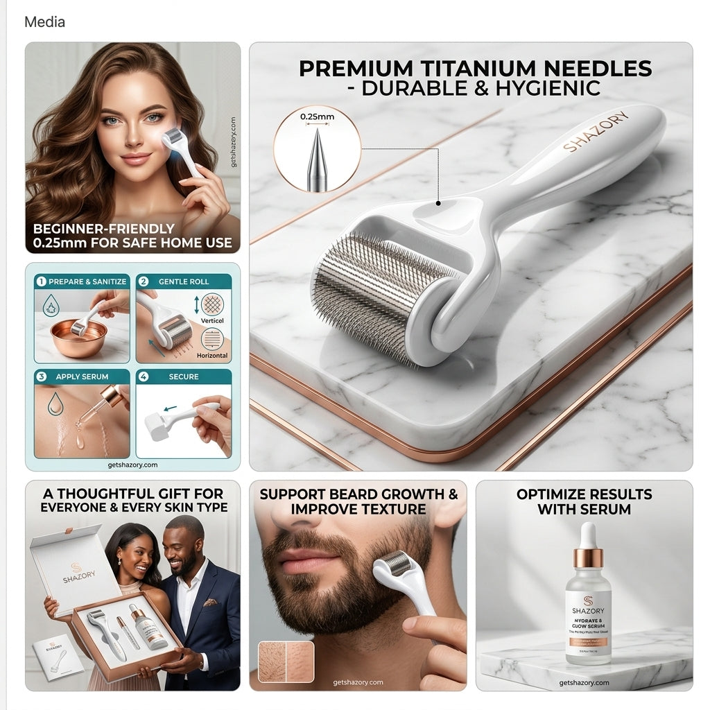 A detailed Shazory infographic showcasing the 0.25mm titanium derma roller, including a 4-step preparation and rolling guide, beard growth support, and optimizing results with serum, available at getshazory.com