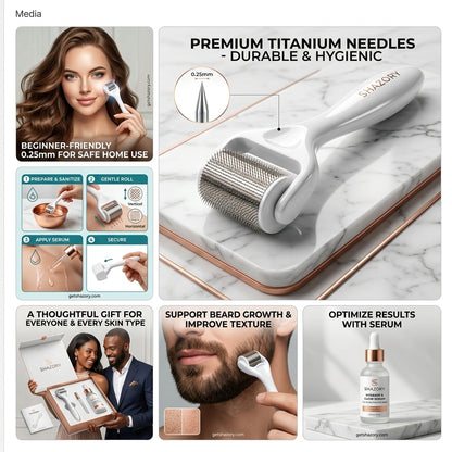 A detailed Shazory infographic showcasing the 0.25mm titanium derma roller, including a 4-step preparation and rolling guide, beard growth support, and optimizing results with serum, available at getshazory.com