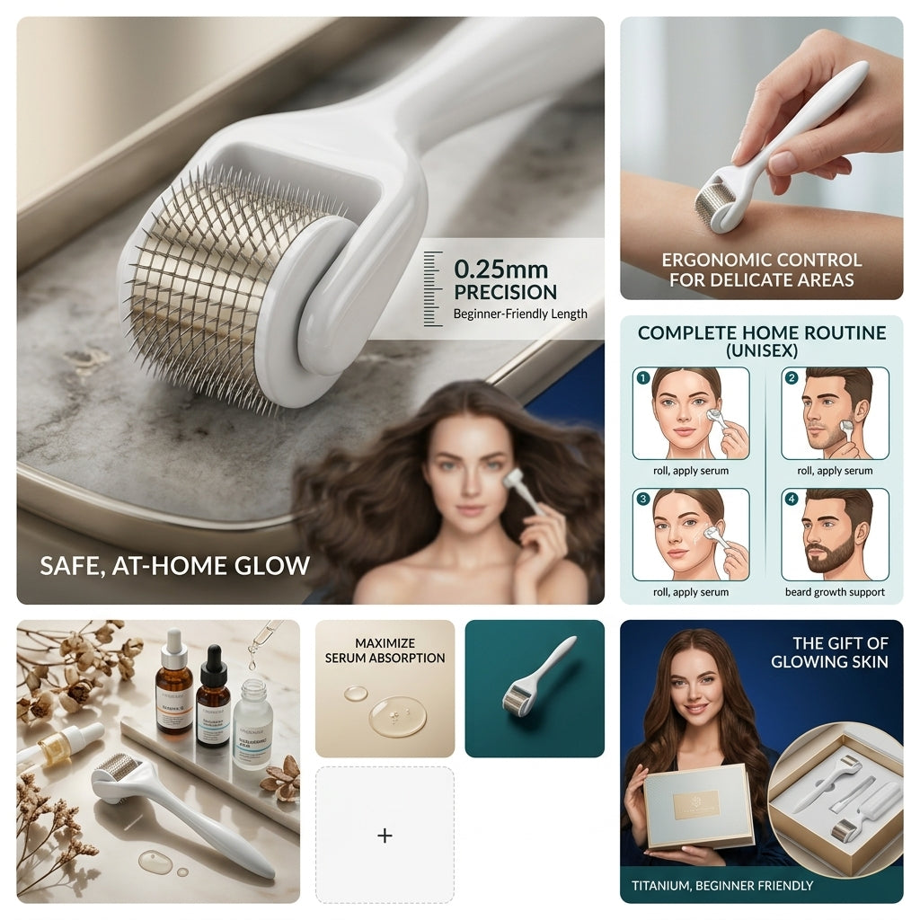 A comprehensive Shazory infographic for the 0.25mm titanium derma roller, featuring a complete unisex home routine for glowing skin and beard growth, highlighting ergonomic control and maximized serum absorption, available at getshazory.com