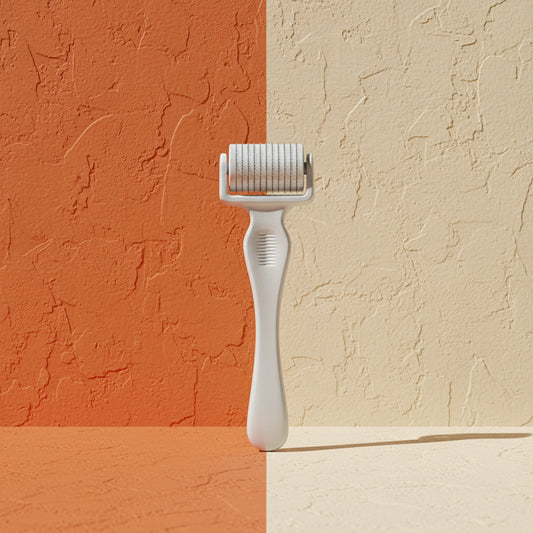 A lifestyle image featuring the Shazory 0.25mm titanium microneedle derma roller being used as part of a professional at-home skincare routine for facial rejuvenation, available at getshazory.com