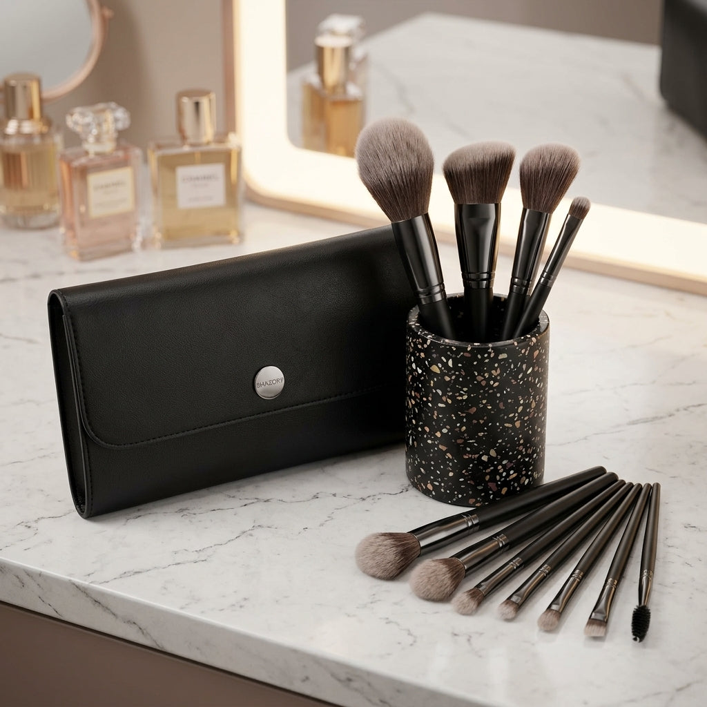 The Shazory 12-piece professional makeup brush set featuring a sleek black travel clutch and a black terrazzo holder on a luxury vanity marble countertop, available at getshazory.com