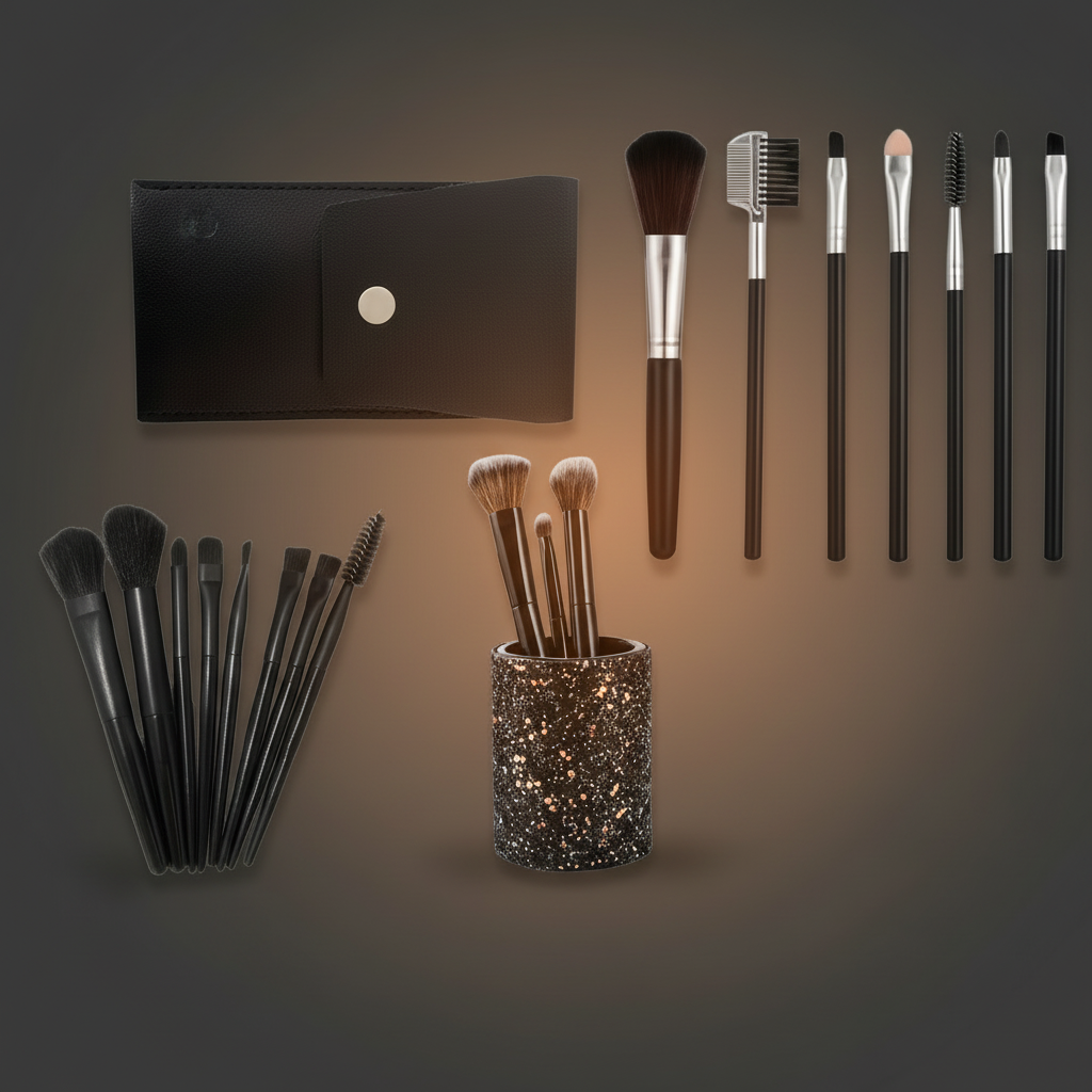 Product showcase of the Shazory 12-piece makeup brush set including the black travel pouch, terrazzo vanity holder, and various professional face and eye brushes, available at getshazory.com