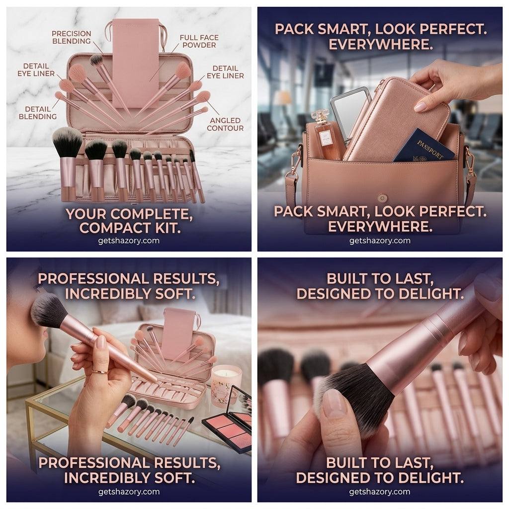 A comprehensive infographic for the Shazory 23-piece mini makeup brush set, detailing specific brush functions like precision blending and angled contour, while highlighting its travel-friendly size and professional soft bristles, available at getshazory.com
