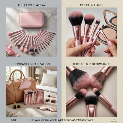 A feature infographic for the Shazory 23-piece mini makeup brush set, showcasing the hero flat lay, compact travel organization, and soft bristle texture, available at getshazory.com