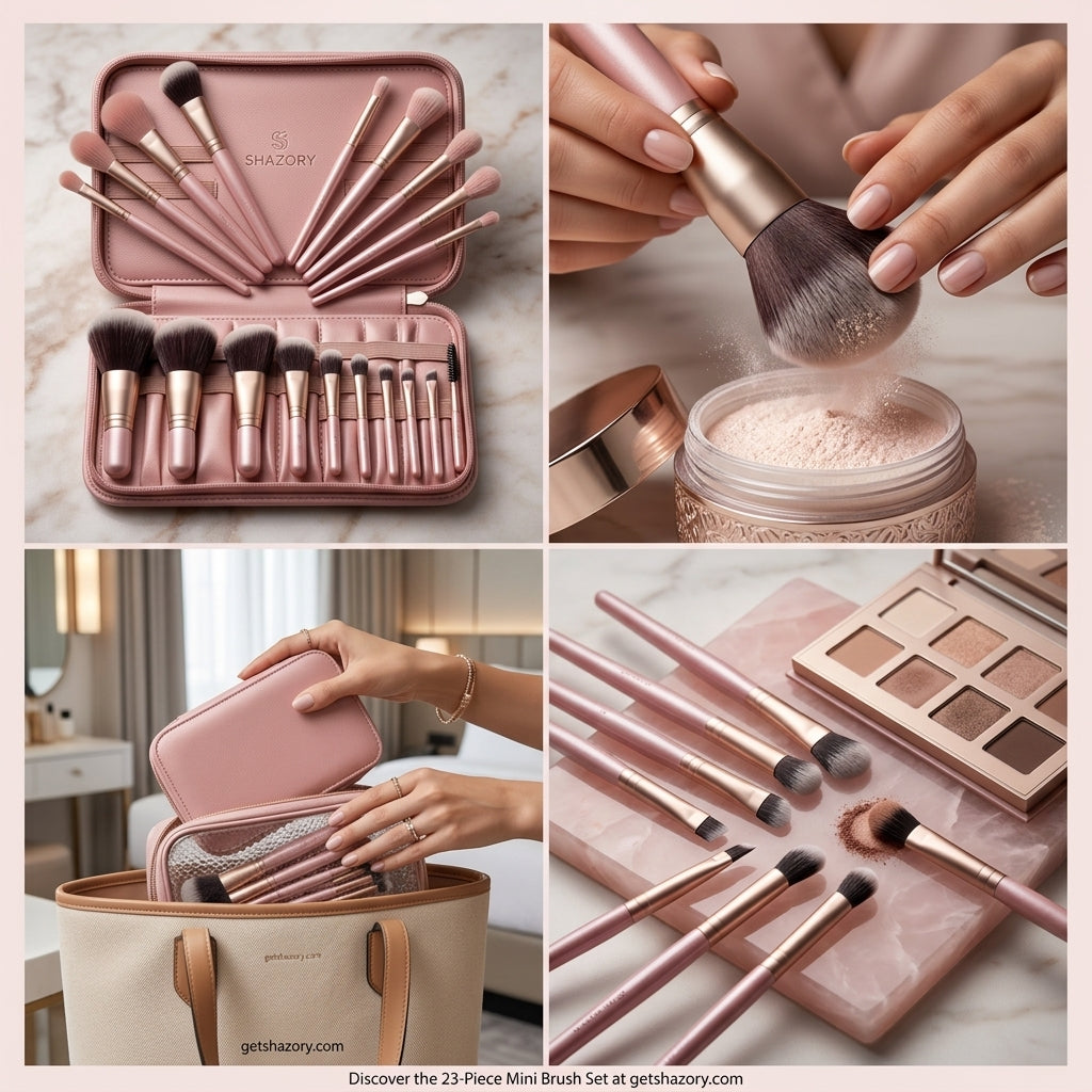 A professional Shazory 23-piece mini makeup brush set in rose gold, featuring a travel case, powder application, and high-quality brushes displayed with an eyeshadow palette, available at getshazory.com