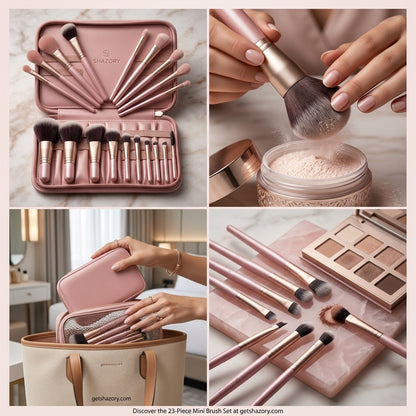 A professional Shazory 23-piece mini makeup brush set in rose gold, featuring a travel case, powder application, and high-quality brushes displayed with an eyeshadow palette, available at getshazory.com