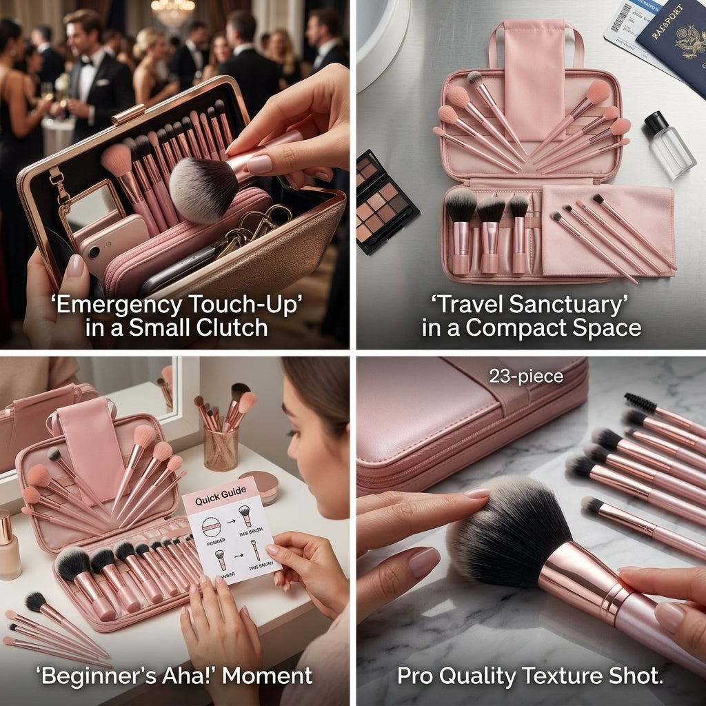 An infographic for the Shazory 23-piece mini makeup brush set, demonstrating its use for emergency touch-ups in a small clutch, compact travel organization, and professional bristle quality, available at getshazory.com