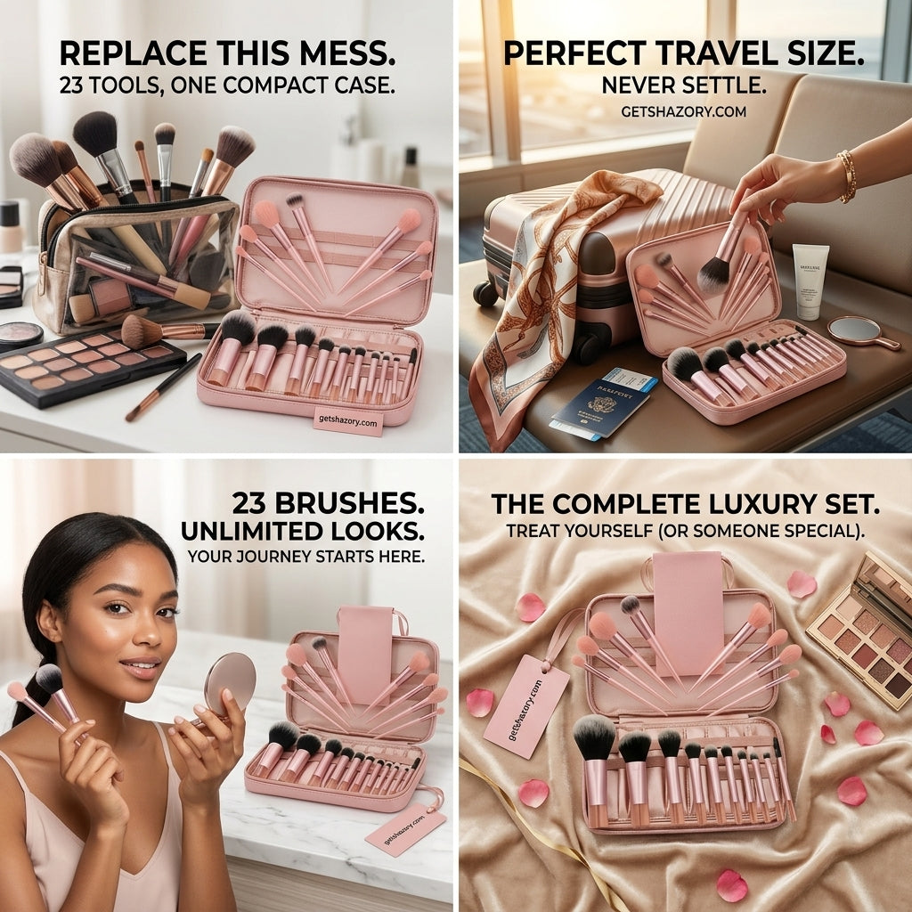 A lifestyle infographic for the Shazory 23-piece mini makeup brush set, highlighting its perfect travel size, luxury organization case, and professional versatility for unlimited looks, available at getshazory.com