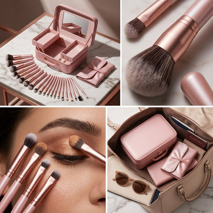 A collage showing the Shazory 23-piece mini makeup brush set with a rose gold vanity travel case, featuring close-up application and the set packed in a travel bag, available at getshazory.com
