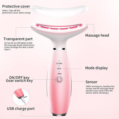 A technical diagram of the Shazory 3-in-1 heated neck and face massager detailing the protective cover, massage head with LED lights, mode display, smart sensor, and USB charging port, available at getshazory.com