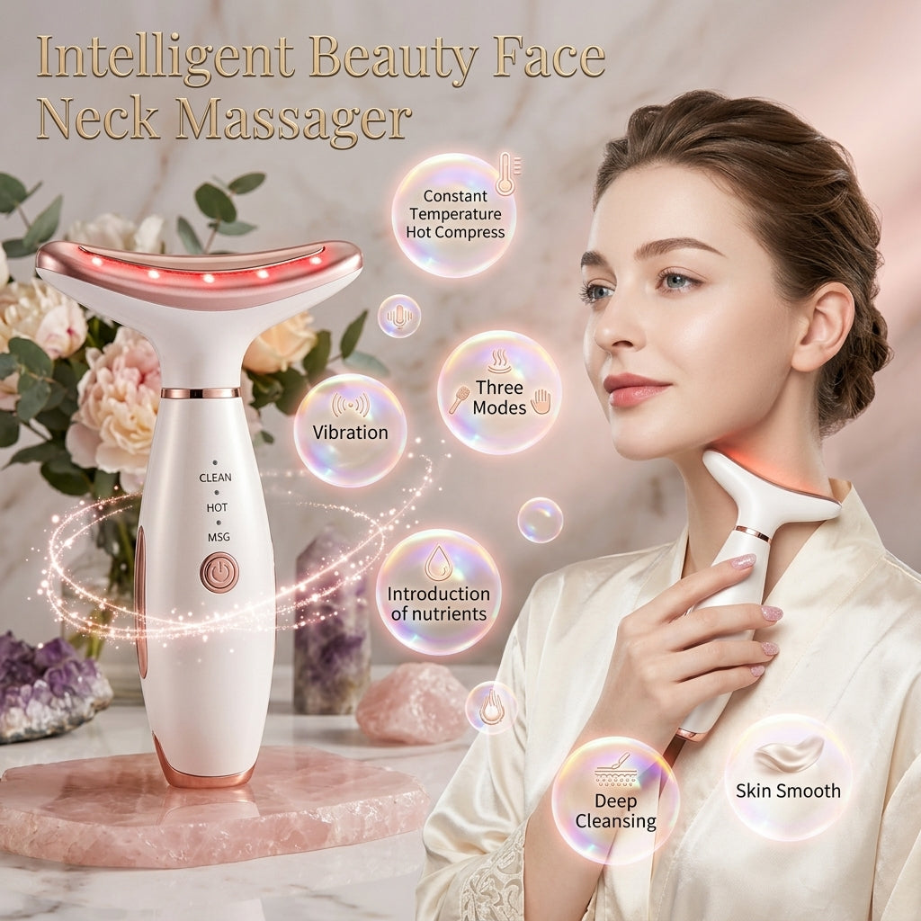 An infographic for the Shazory Intelligent Beauty Face and Neck Massager, highlighting key benefits: constant temperature hot compress, vibration, deep cleansing, and nutrient introduction for smooth skin, available at getshazory.com