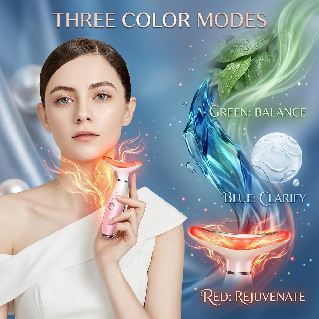 An infographic explaining the three LED color modes of the Shazory 3-in-1 heated face massager: Green for balance, Blue to clarify, and Red for rejuvenation, providing a customizable at-home spa experience, available at getshazory.com