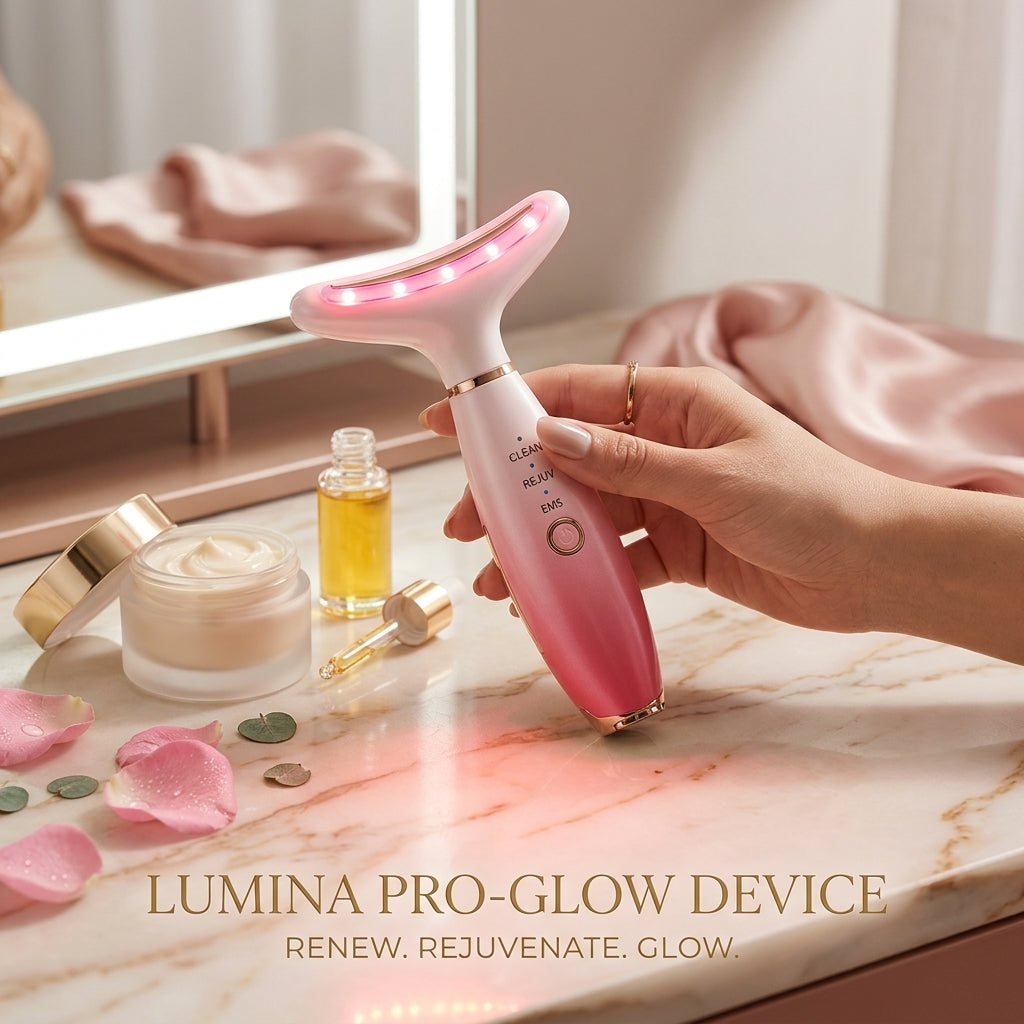 A lifestyle image of the Shazory 3-in-1 heated neck and face massager, titled Lumina Pro-Glow Device, displayed with skincare serums and creams for a complete rejuvenation routine, available at getshazory.com