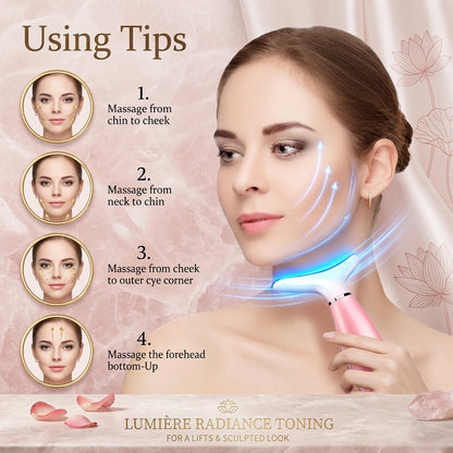 An instructional infographic for the Shazory 3-in-1 heated neck and face massager, providing using tips for a lifted and sculpted look, including massage techniques for the jawline, neck, cheeks, and forehead, available at getshazory.com