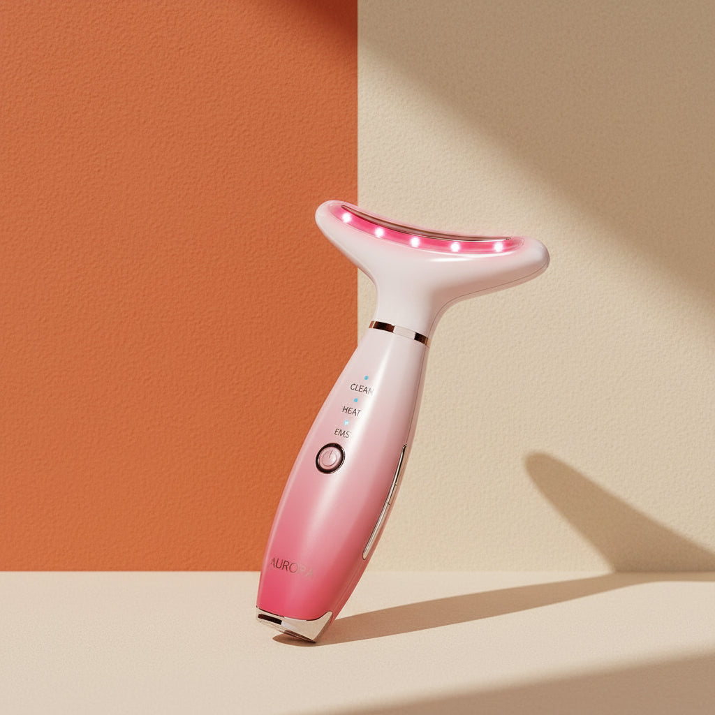 A professional studio shot of the Shazory 3-in-1 heated neck and face massager in a pink gradient finish, featuring LED light therapy and EMS modes for skin sculpting, available at getshazory.com