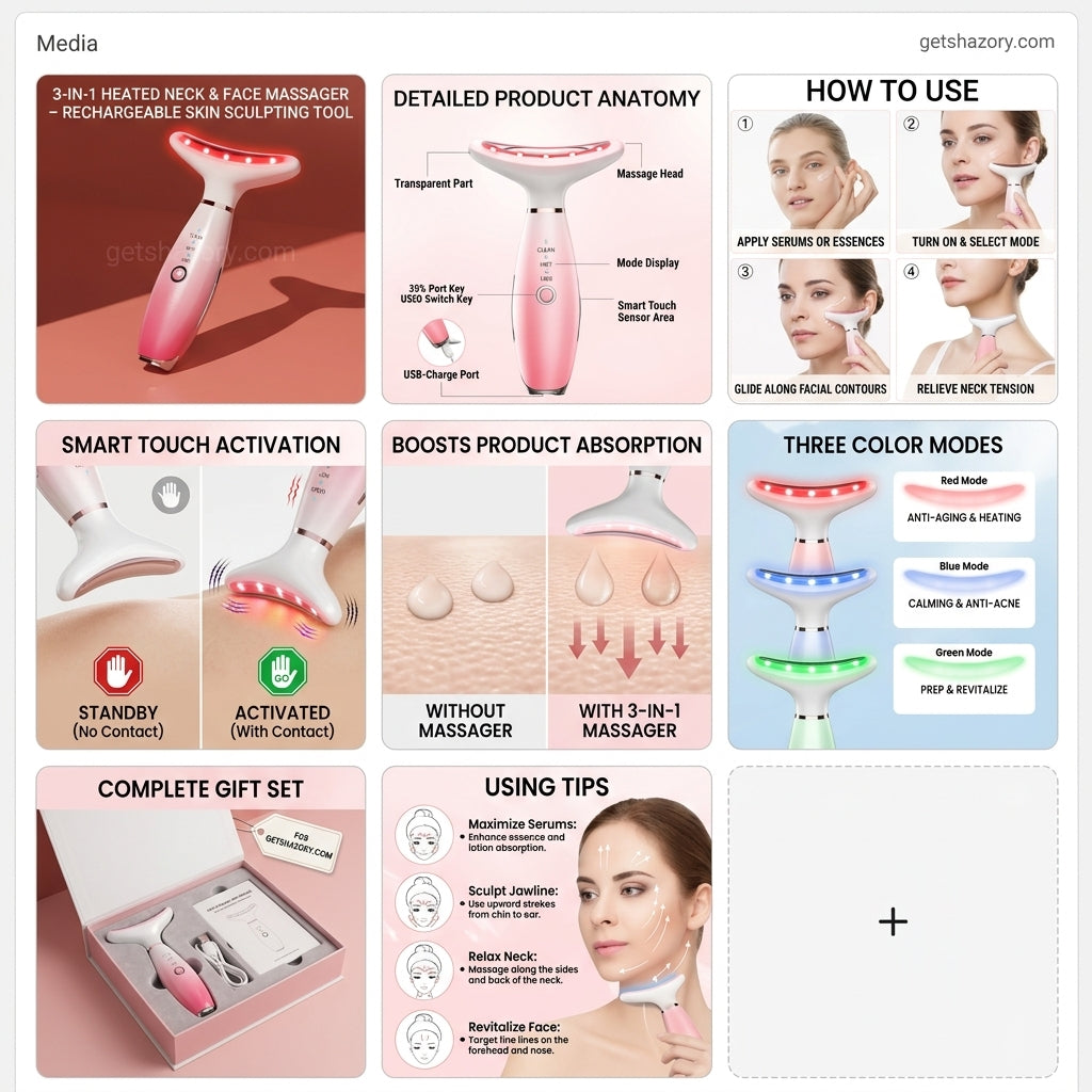 A detailed feature infographic for the Shazory 3-in-1 heated neck and face massager, showcasing product anatomy, how-to-use steps, smart touch activation, and the three color LED modes for anti-aging and skin revitalization, available at getshazory.com