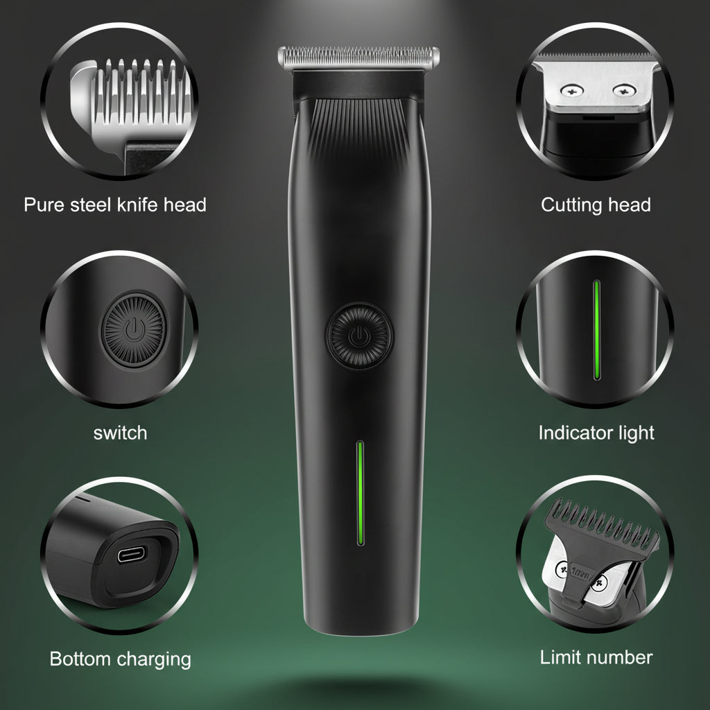 A comprehensive infographic of the Shazory 3-in-1 men's beard trimmer, detailing key features: pure steel knife head, cutting head close-ups, switch, green LED indicator light, bottom USB charging port, and limit comb attachment, available at getshazory.com